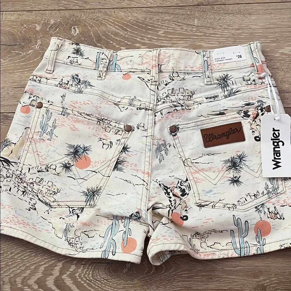 Wrangler Cream Desert Print Jean Shorts with Coral and Blue Accents